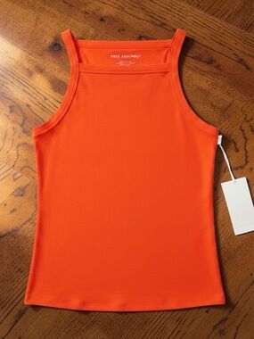 Free Assembly Women's Bright Orange High-Neck Tank and Wide Leg Pant Set.